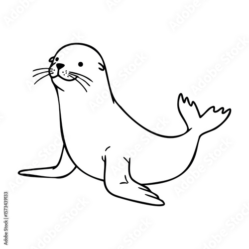 Black and white outline of a happy cartoon seal character. Vector hand-drawn doodle illustration