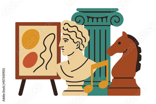 Vector illustration featuring art objects including painting, sculpture, and music elements, such as abstract backgrounds, roman columns, greek sculptures, and chess horse patterns, suitable for