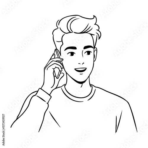 Young caucasian male talking on phone line art illustration. Vector hand-drawn doodle illustration