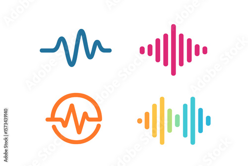 Modern creative vector logotype collection featuring sound wave icons, music waves symbols, audio logos templates, and voice equalizer emblems on a blank background