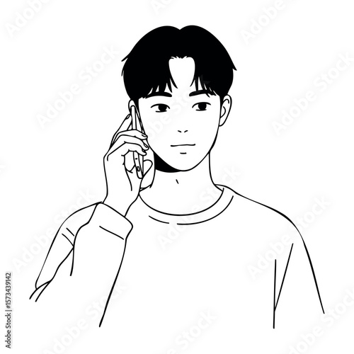 Asian young male talking on phone illustration in minimalist style. Vector hand-drawn doodle illustration