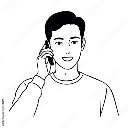 Asian young male talking on phone illustration. Vector hand-drawn doodle illustration