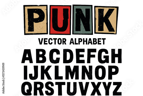 A punk vector alphabet typography specimen set is ideal for designing grunge font flyers, posters, or ransom notes