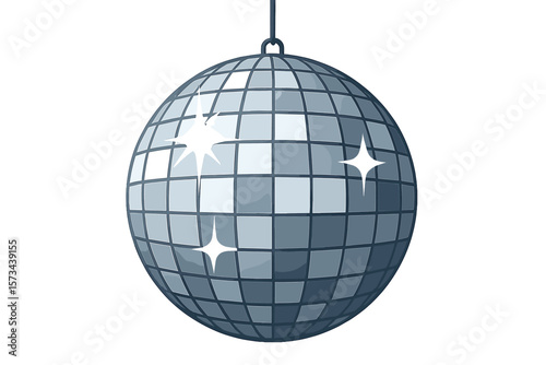 Vector illustration of a mirror glitter disco ball, serving as a night club party light element with a bright mirror silver ball design suitable for a disco dance club