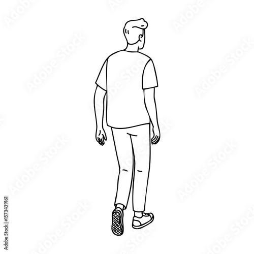 Minimalist line art of young caucasian male walking away in casual clothing. Vector hand-drawn doodle illustration