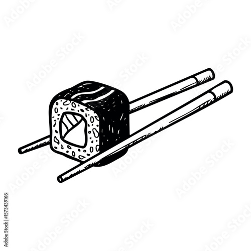 Illustration of sushi roll with chopsticks in black and white design. Vector hand-drawn doodle illustration
