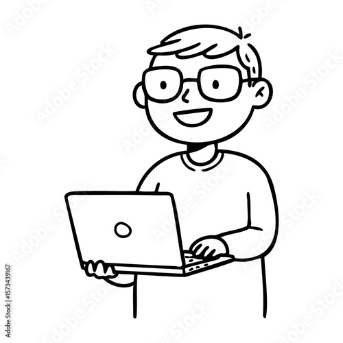 Smiling young caucasian male teen with glasses using laptop. Vector hand-drawn doodle illustration