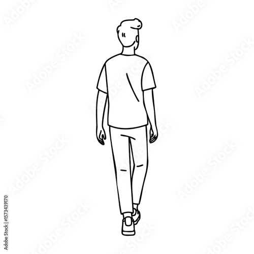 Line art illustration of young male walking away in casual outfit. Vector hand-drawn doodle illustration