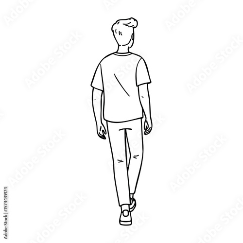 Line art of young caucasian male walking away in casual attire. Vector hand-drawn doodle illustration