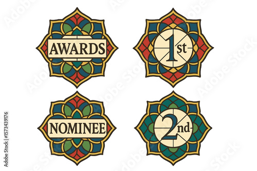 Elegant abstract nominee emblem set, including first and second place symbols, isolated within a luxurious congratulating framed template featuring traditional stained glass designs for celebratory