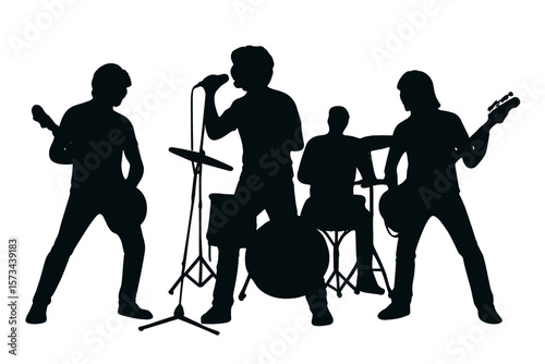 A rock band or musical group performing in silhouette at a concert