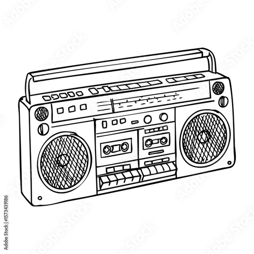 Retro boombox with dual cassette decks and speakers. Vector hand-drawn doodle illustration