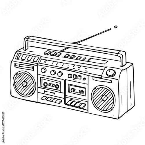 Vintage boombox sketch with antenna and dual cassette player. Vector hand-drawn doodle illustration