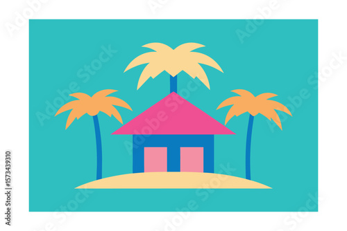 Tropical Island Hut With Cyan Walls And Pink Roof