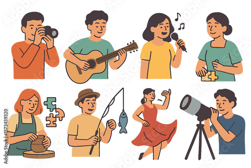 Vector illustration of various talents and skills including photography, music, singing, pottery, puzzles, fishing, horseback riding, cooking, astronomy, and dance