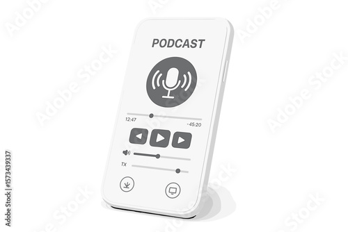A realistic white 3D smartphone representing a webinar, online training, radio show, or audio blog podcast concept, complete with a mobile app infographic template featuring buttons and UI sliders