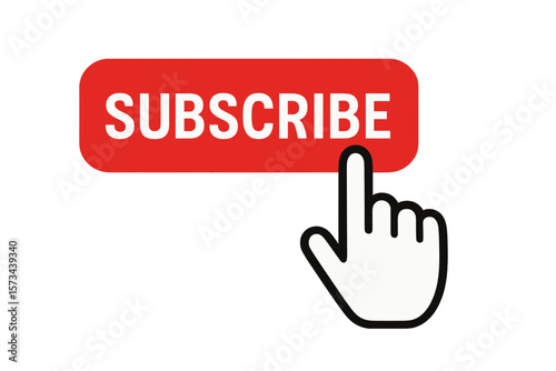 A red 'SUBSCRIBE' button with a hand on a transparent background, representing a YouTube channel, is depicted in a vector illustration