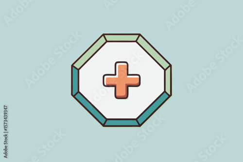 Light Blue Background Simple Graphic Design Featuring a Teal and Pale Green Double Lined Octagon Enclosing a Coral Medical Cross