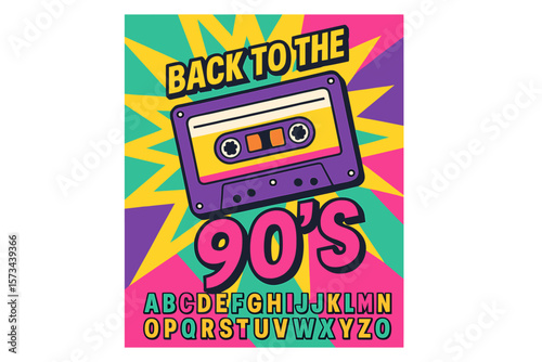 Vector illustration of a vibrant geometric background featuring a 90s-style poster design with a burst effect, complete with an old audio cassette tape, alphabet, and numbers in a colourful