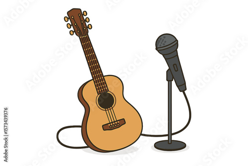 Illustration of a banner featuring a vector acoustic guitar and microphone, suitable for concerts, live music events, and parties