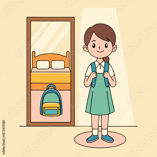 Child adjusting outfit in front of mirror at home