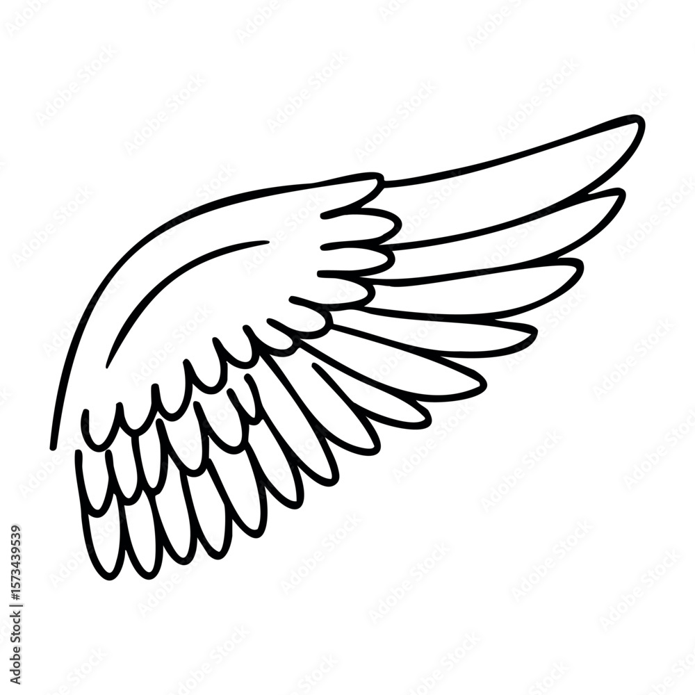 Fototapeta premium Simple outline of an angel wing with feathers curved upwards. Vector hand-drawn doodle illustration
