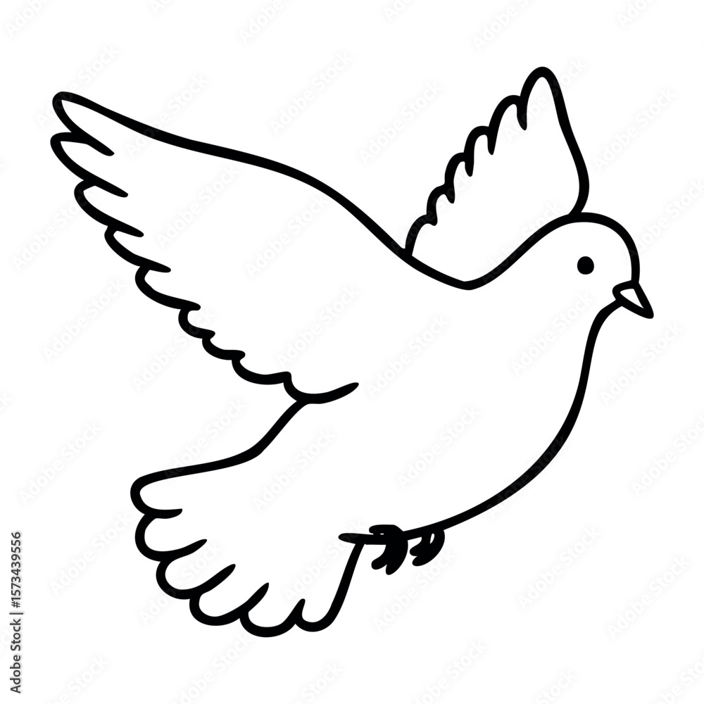 Fototapeta premium Line art of dove in flight with spread wings. Vector hand-drawn doodle illustration