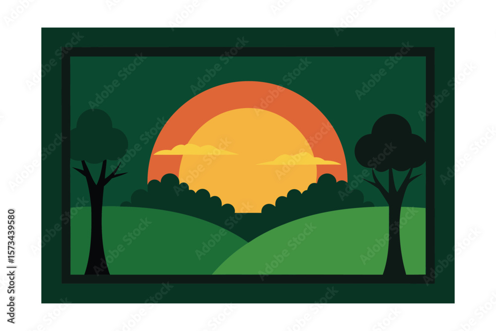 Fototapeta premium Sunset Framed By Trees In Open Green Space