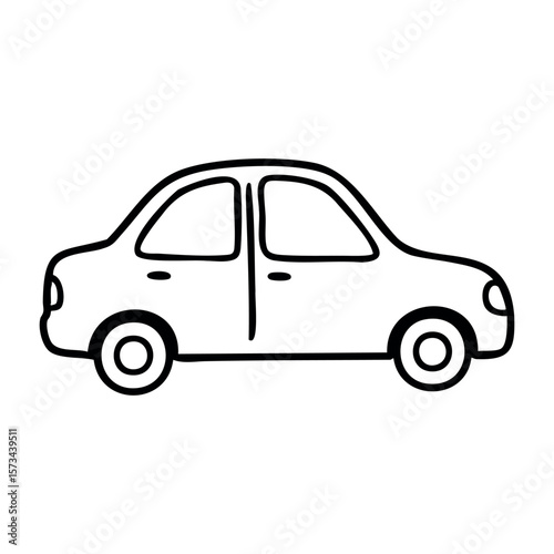 Simple outline drawing of a small sedan car in profile view. Vector hand-drawn doodle illustration