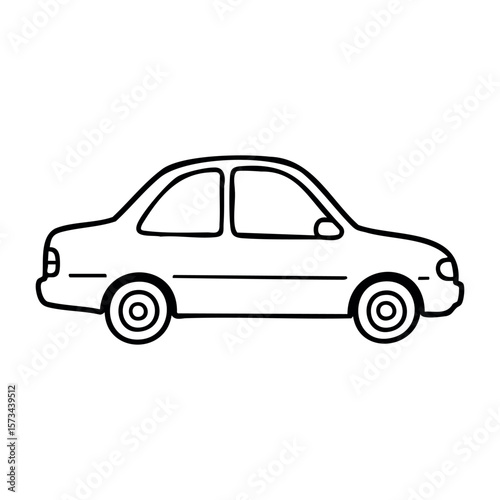 Simple line drawing of compact car side view. Vector hand-drawn doodle illustration