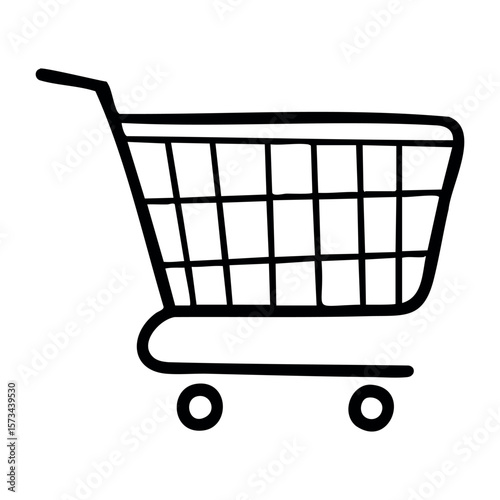 Empty shopping cart with metal frame and wheels. Vector hand-drawn doodle illustration