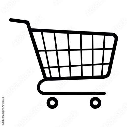 Minimalist shopping cart icon with grid design and wheels. Vector hand-drawn doodle illustration