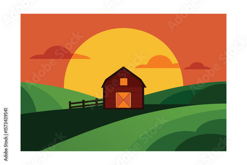 Sunset Glow Behind A Barn And Green Pasture