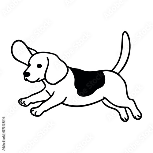 Cartoon beagle dog leaping with joy in simple black and white design. Vector hand-drawn doodle illustration