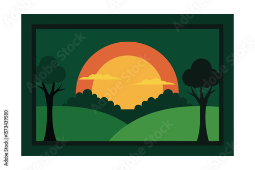 Sunset Framed By Trees In Open Green Space