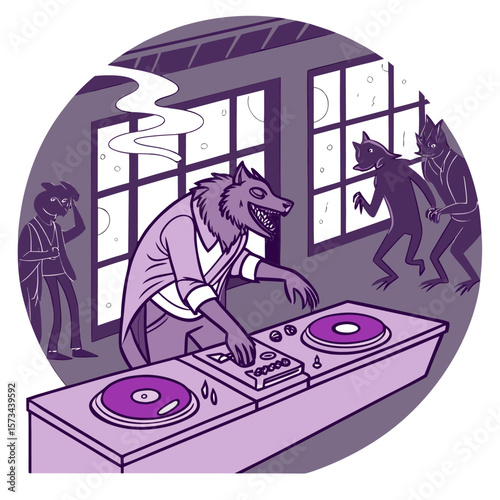 A werewolf dj spins tunes for a crowd of shadowy figures and a bewildered person in the background creating a unique and spooky party atmosphere