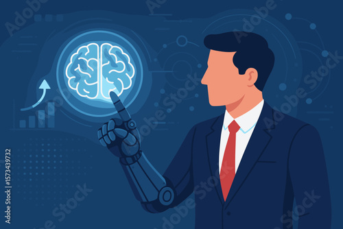 Businessman with mechanical robotic arm touching brain icon on a virtual interface. Artificial intelligence, futuristic technology, innovation, business growth, cyborg concept.