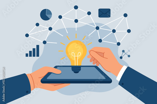 Business innovation technology concept. Hands holding tablet with glowing lightbulb. Creative idea. Digital solution. Network communication, virtual interface, data analysis.