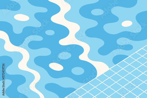 Summer swimming pool background concept. Blue water surface with ripples and tile pattern. Abstract vacation backdrop. Modern flat cartoon vector illustration for graphic design.