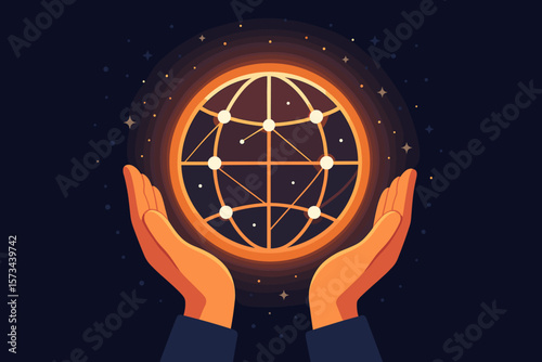 Hands holding a glowing global network icon. Concept for internet, technology, communication, and worldwide connection. Digital future, data science, and innovation in space.