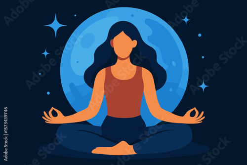 Meditation yoga night sky concept. Woman meditating in lotus pose. Girl practicing yoga. Full moon stars background. Mindfulness, harmony, spiritual, wellness, zen, relax. Vector.