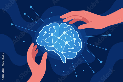 Hands touching digital brain with network connections. Artificial intelligence concept. Machine learning, innovation, and futuristic technology. Mind, data, science metaphor.