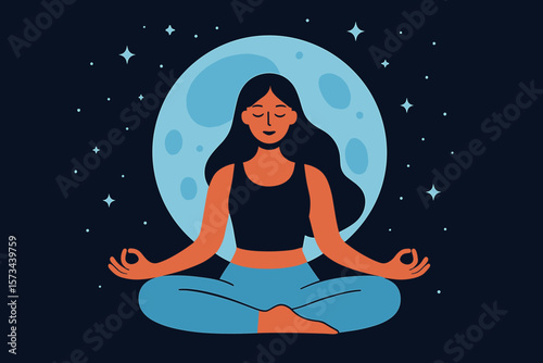 Woman meditating in lotus pose under a starry night sky with full blue moon. Concept of calm, zen, mindfulness, spiritual health, wellbeing, peace, harmony, and yoga practice.