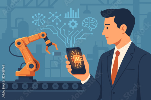 Smart factory automation with AI and machine learning. Industry 4.0 concept. Businessman controls industrial robotic arm on a production line using a smartphone app.