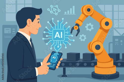 AI artificial intelligence and machine learning concept. Businessman holds smartphone with AI data to control robot arm in factory. Industry 4.0 innovative automation technology.