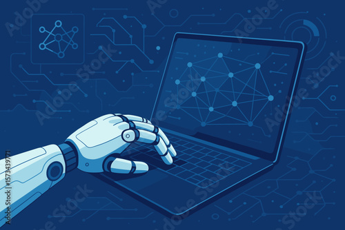 AI robotic hand using laptop for machine learning and big data processing on a futuristic network. Cybernetic technology concept for automation, deep learning and data exchange.