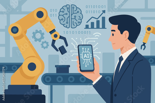 AI, Artificial Intelligence, machine learning. Businessman with phone controls robot arm in smart factory. Industry 4.0 automation technology. Production management innovation.