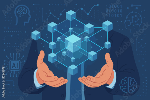 AI technology, machine learning. Businessman holds abstract cube network connection for data exchange. Deep learning, innovative new era, business, digital transformation concept.
