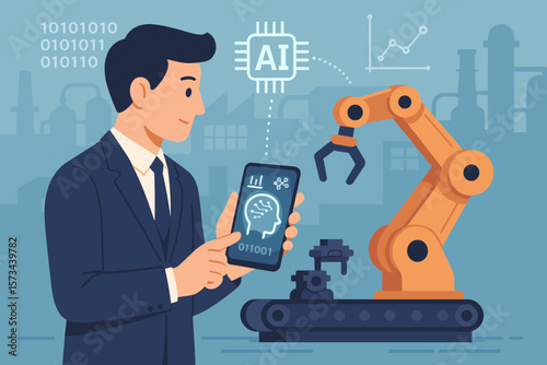 Businessman uses smartphone with AI for factory automation. Manager controls robotic arm via machine learning. Concept of smart industry, innovative technology, and production.
