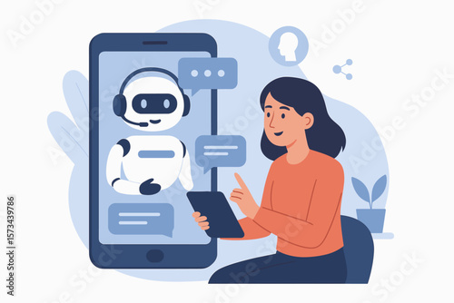 Woman talks with chatbot on phone screen. AI bot, virtual assistant consults client. Online customer support service. Artificial intelligence technology concept vector illustration.